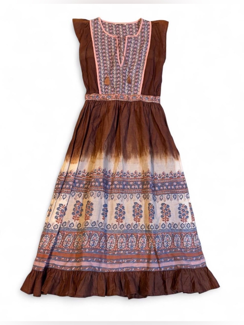 Ulla Johnson Brown, Cream & Pink Embroidered Boho Maxi Dress